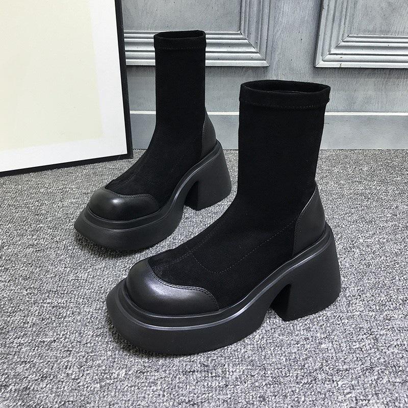 European station autumn and winter thick-soled heightening elastic boots women's versatile casual retro thick-heeled short boots tide