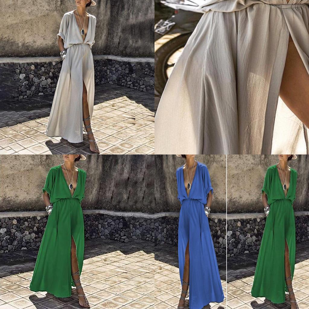 Elegant Women Deep V Neck Maxi Dress With Half Sleeve For Summer Beach Holidays