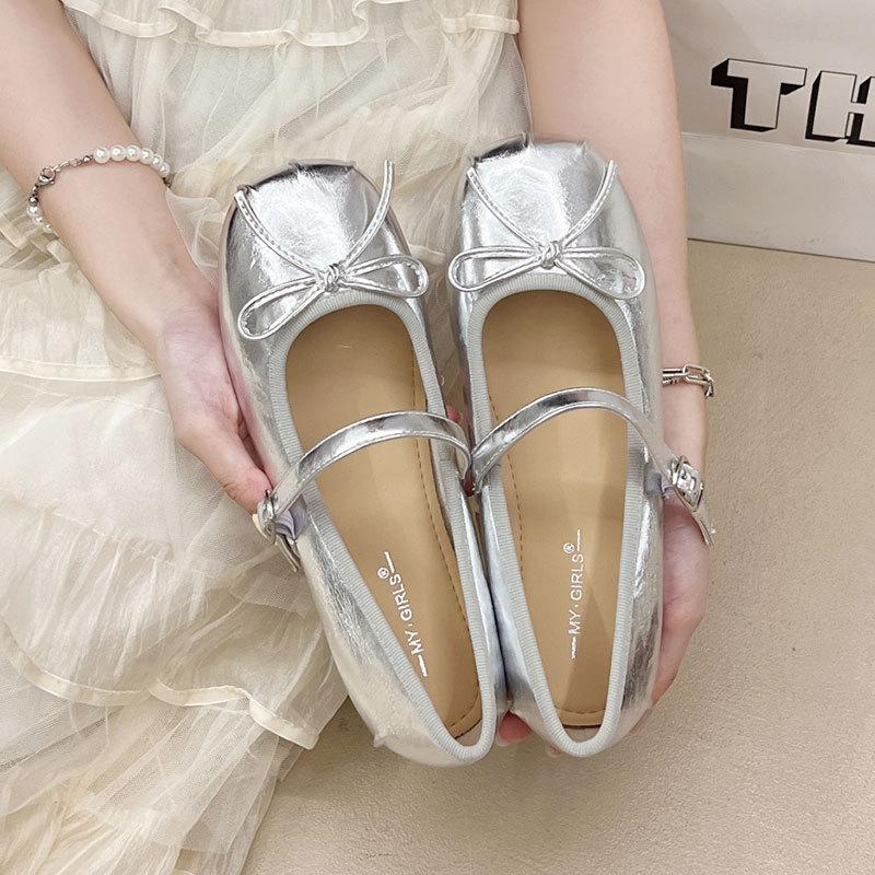 Ballet shoes women's new French one-word with light mouth with skirt single shoes bow flat Mary Jane shoes