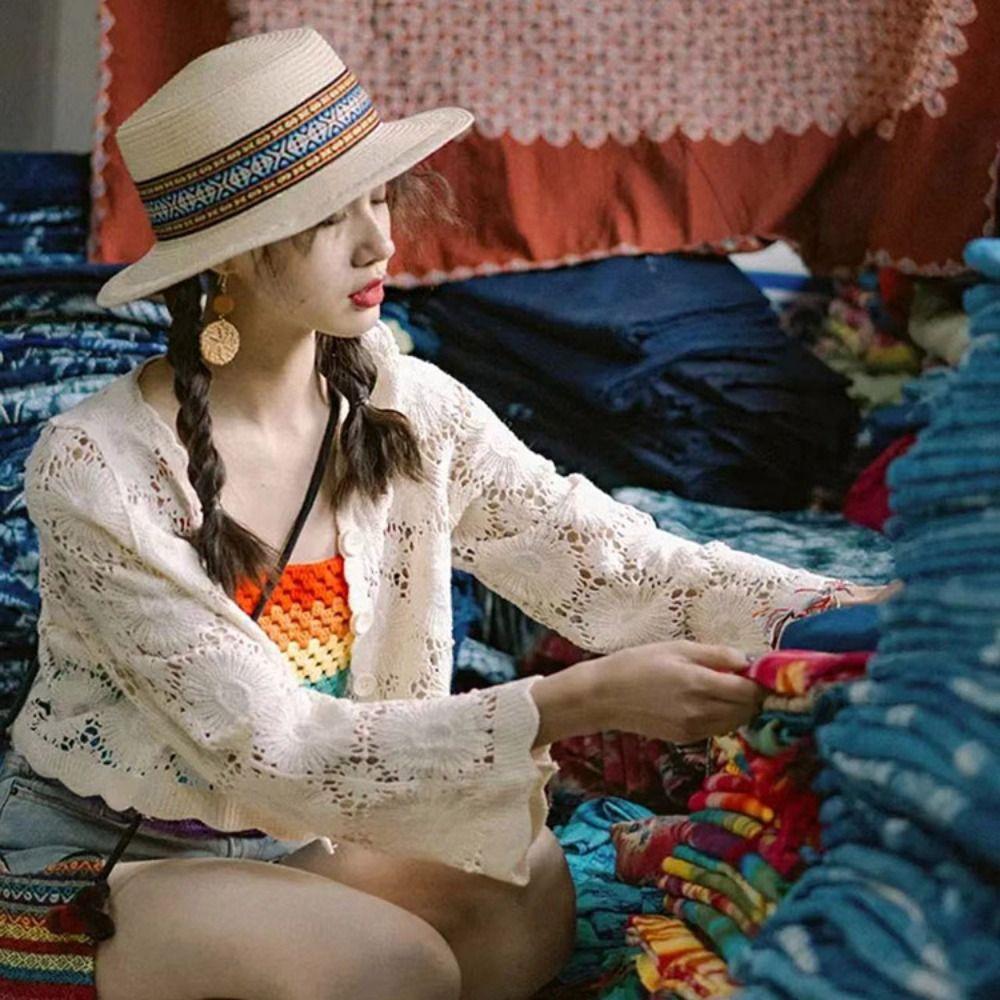 Ethnic Style Weave Straw Hat UV Protection Outdoor Visor Cap Fashion Beach Hat  Outdoor