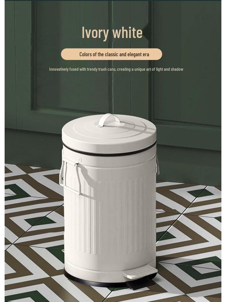 Ivory White Roman Pattern Trash Can with Silent Slow-Close Foot Pedal and Lid
