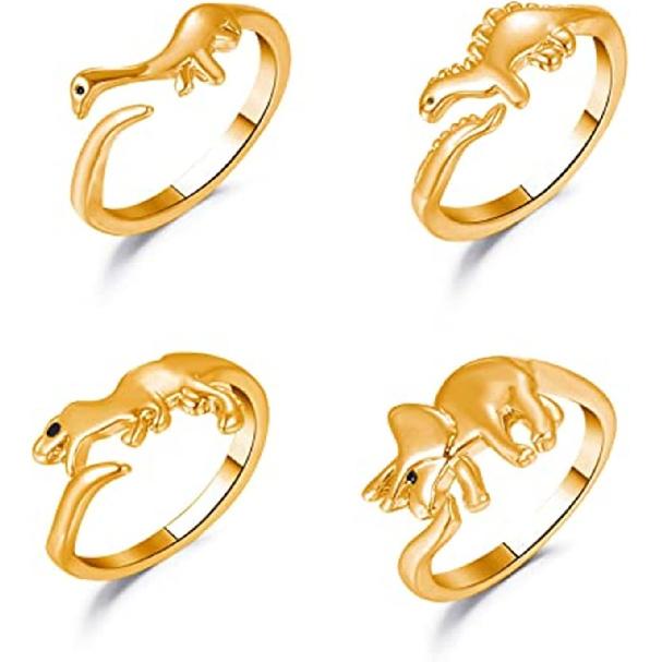 Caiyao 2-4Pcs Cute Dinosaur Tyrannosaurus Triceratops Ring Set 14K Silver Plated Lovely Opening Adjustable Polished Animal Ring for Women Men