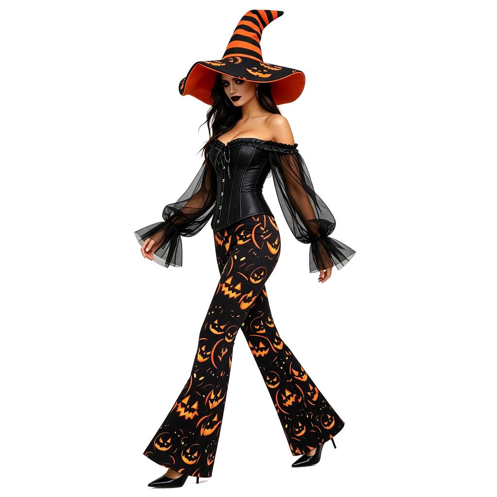 Halloween Pumpkin Witch Dark Witch Costume Set Off-Shoulder Mesh Sleeves Shapewear Pumpkin Trumpet Pants