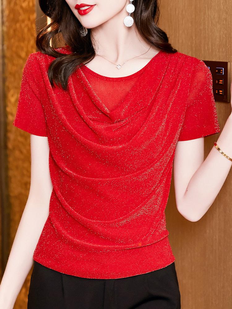Women Draped Cowl Neck Mesh Spliced Long Sleeve Top Elegant Commute Solid Color Sheer Mesh Undershirt Spring Autumn Basic Blouse