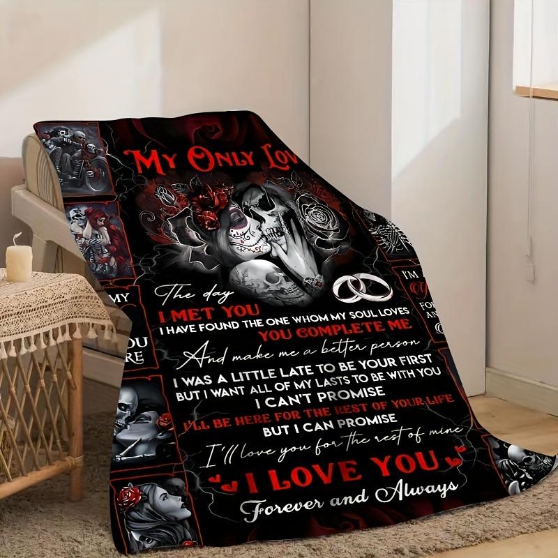 Gothic Skull Couple Flannel Blanket, To My Lover Envelope Romantic Quotes, Ultra-Soft for Sofa Bed Office Camping Travel Gift
