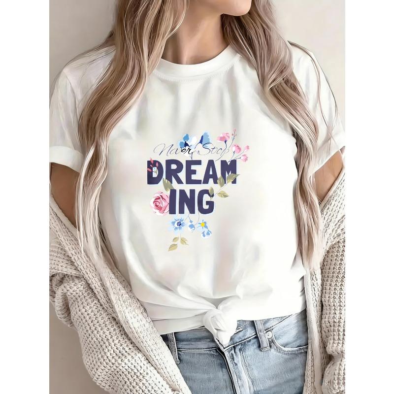 Women's White T-Shirt With Dreaming Floral Print And Text For Casual Wear