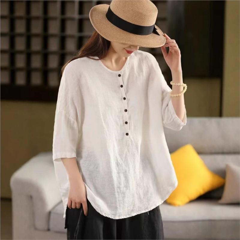 Johnature Women Vintage Solid Color T-Shirts O-Neck Half Sleeve Button Loose Summer Casual T-Shirts