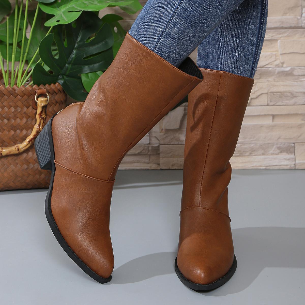 

fashion Fashion Chunky Heeled Riding Boots Women Black Brown PU Leather Mid Calf Boots Woman Autumn Winter Back Zippper Botas Mujer 2024 42 коричневый