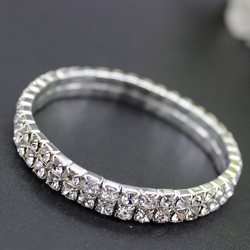 Sparkling Silver Color Crystal Bracelets For Women 3 Rows Rhinestone Stretchy Bracelets Bangles Female Wedding Prom Jewelry