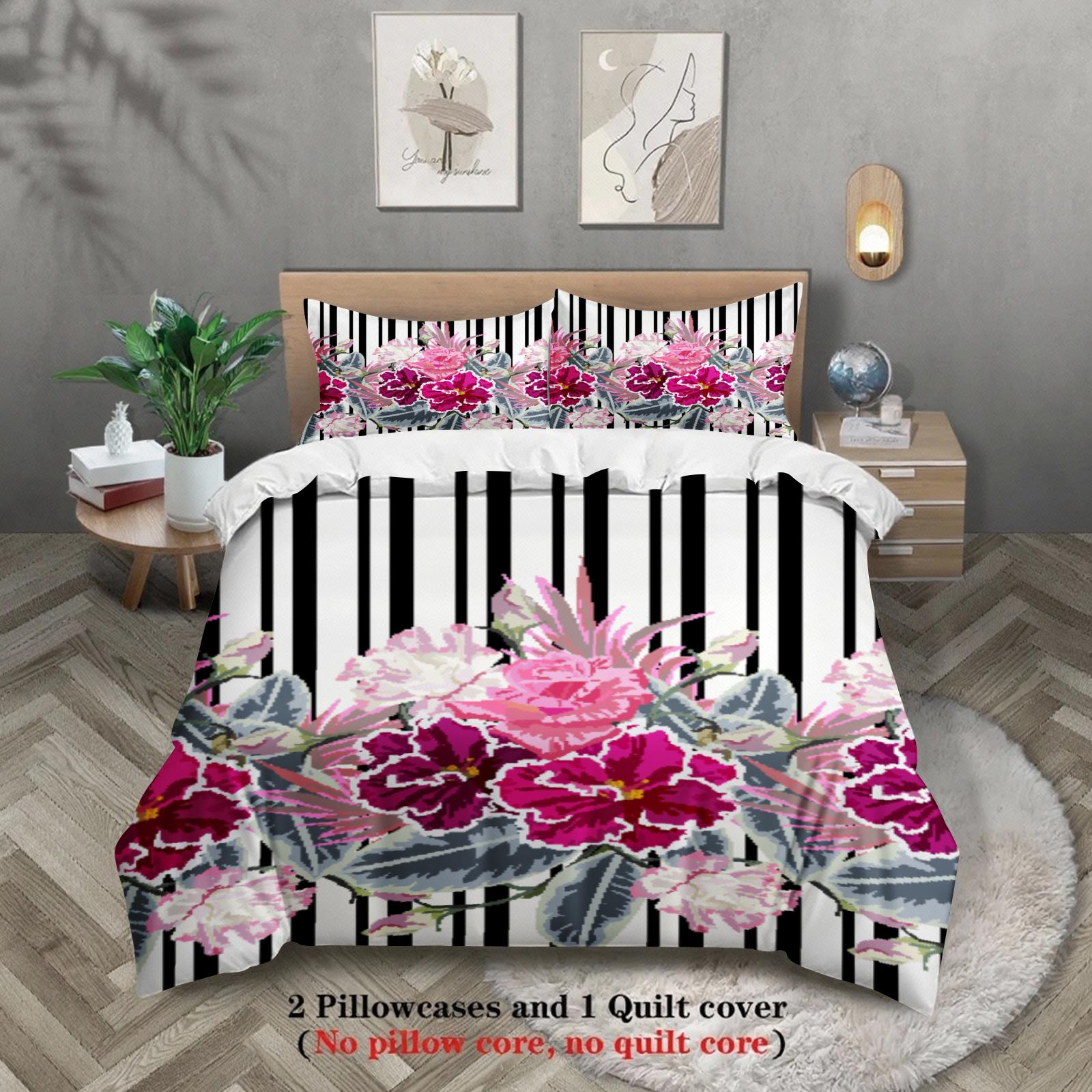 Grosstor Unisex 3Pcs Floral Zebra Print Bedding Sets 3D Printed Duvet Cover Sets With Pillowcases No Filling
