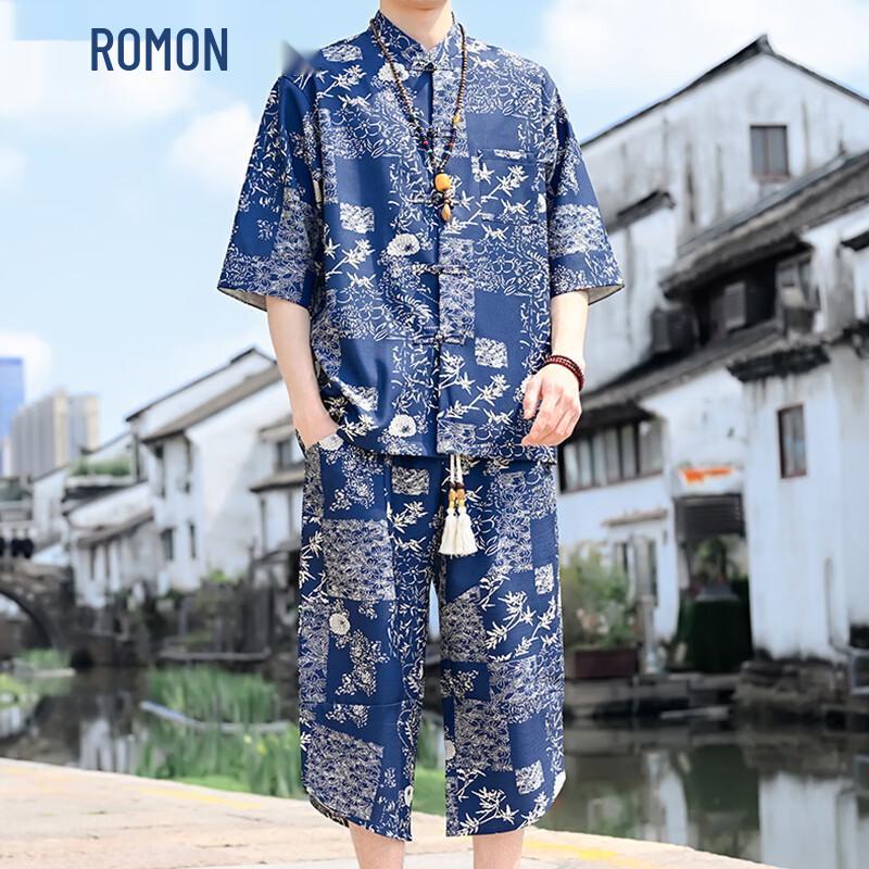 Romon Men s Chinese Style Floral Short-Sleeve Shirt Set M