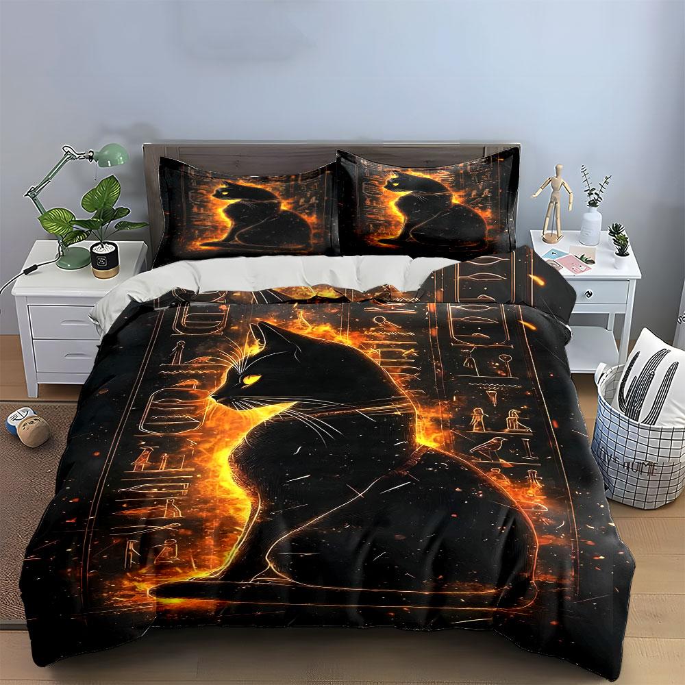 Black cat, fiery hieroglyphs. Bedding sets Duvet cover sets Duvet covers Pillowcases(1 * Duvet Cover 2 * Pillowcases without duvet insert)