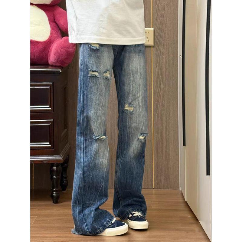 

American High Street Vibe Lightning Pattern Hole Denim Female Retro Washed Slimming Sense of Design Straight-leg Bootcut Trousers Summer Blue little 145-155 M