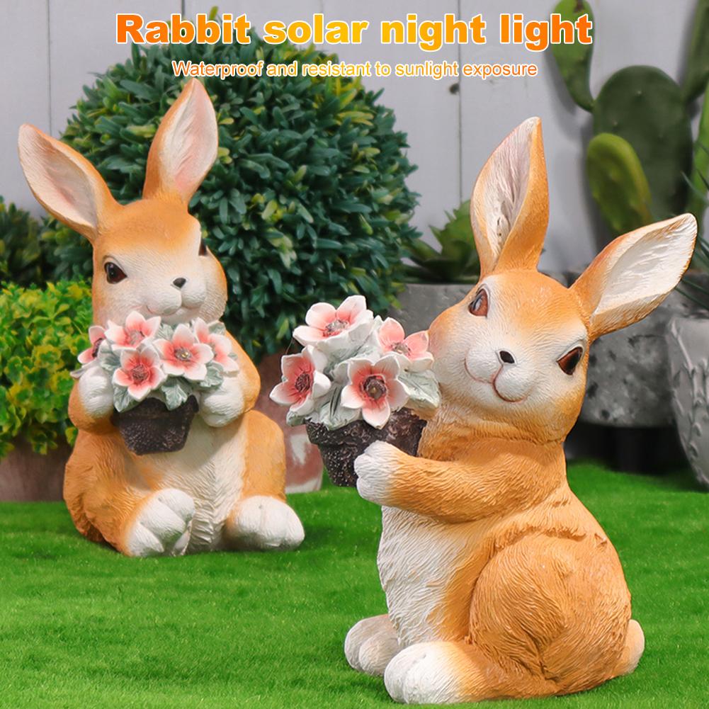 Easter Bunny Figure with Solar Powered Flower Light Waterproof Rabbit Sculpture Rabbit Garden Statues for Patio Yard Lawn Porch