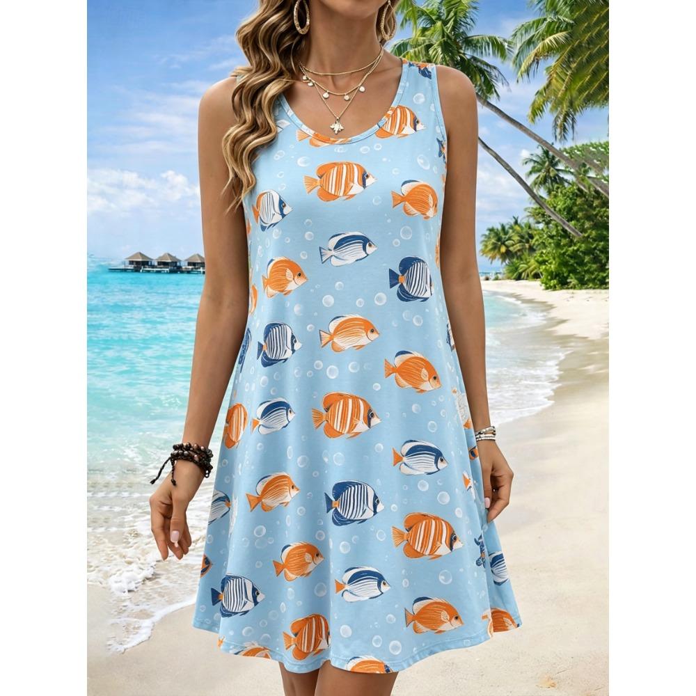 Women's Round Neck Sleeveless Whale Print Casual A-Line Mini Dress, Beach Tank Dresses for Spring & Summer