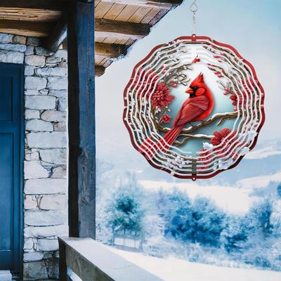 Cardinal Wind Spinners for Outdoor - Vibrant Red Metal Hanging Decoration with Pine Branch and Floral Design, Ideal for Garden, Patio, LawnDecor