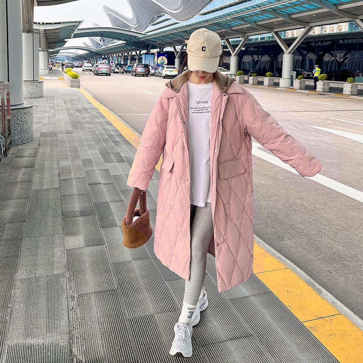 

Зима 2025 новый ins отстегивающаяся вязаная шапка, воротник-кукла, ромбовидная клетка корейская версия свободное длинное хлопковое пальто до колена XL розовый