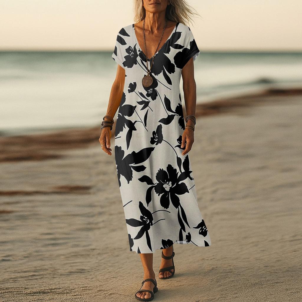 Summer Dress Women's Long Boho Beach Dress Elegant Maxi Dress V-Neck Short Sleeve Summer Tunic Dress Light Airy