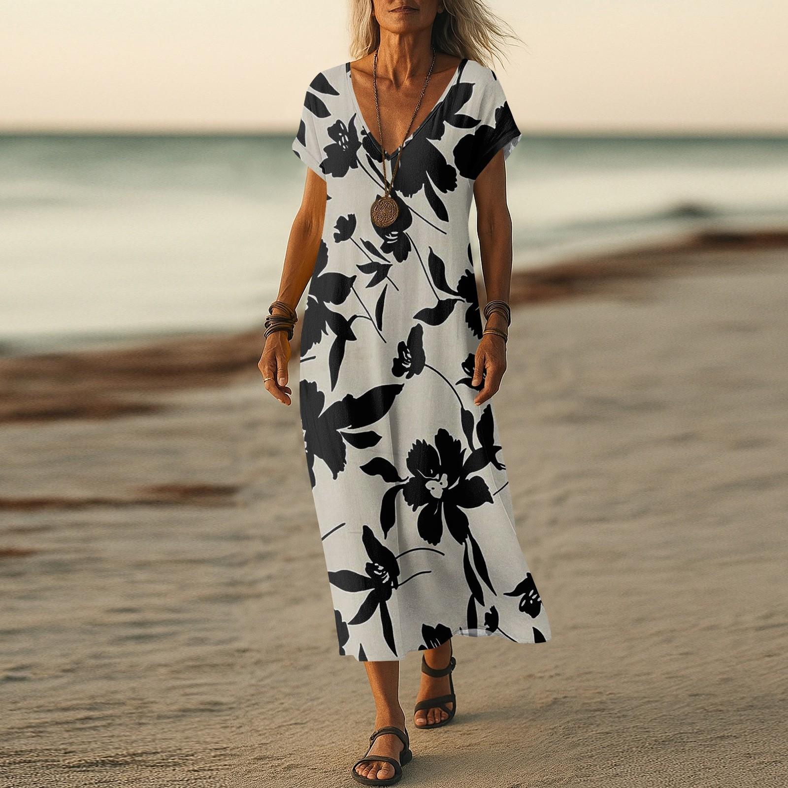 

Летнее платье Женское длинное платье бохо для пляжа Элегантное платье макси V-образный вырез Короткий рукав Летнее платье-туника Легкое воздушное L бежевый