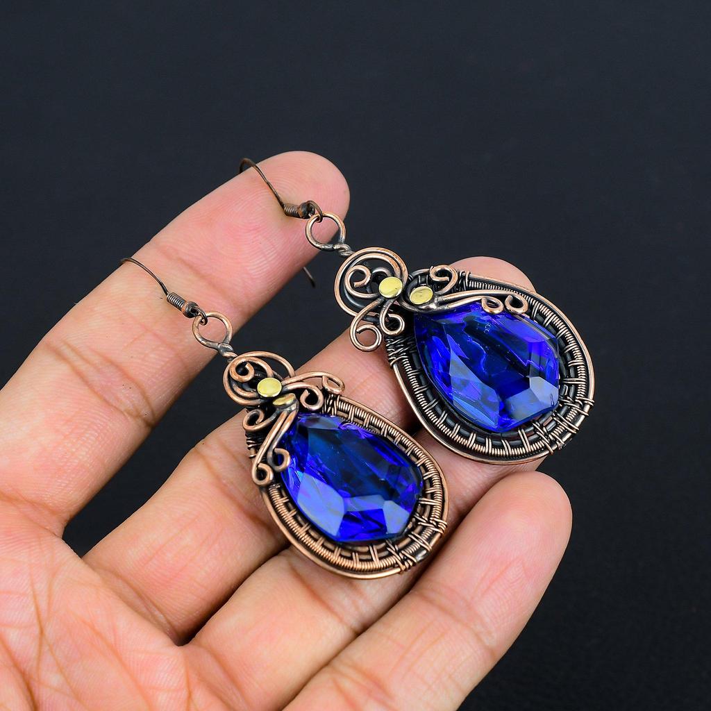 London Blue Topaz 999 Copper Wire Wrapped Earrings, Handmade Gemstone Earrings Jewelry, Gifts For Wife Brand New Earrings