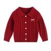Girls' Pure Cotton Knit Korean Bowknot Set: Red Cardigan & Pleated Skirt with Lapel, Customizable