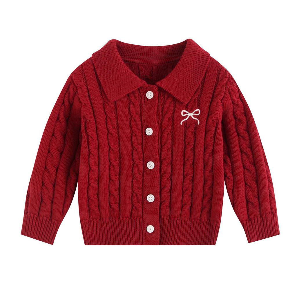 Girls' Pure Cotton Knit Korean Bowknot Set: Red Cardigan & Pleated Skirt with Lapel, Customizable