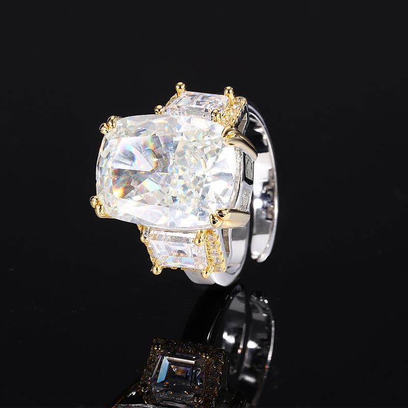 Jewelry Copper Bottom Gold-Plated High Carbon Diamond Ice Flower Square Diamond Copper Setting Temperament Light Luxury Retro Ring Women 12 * 16