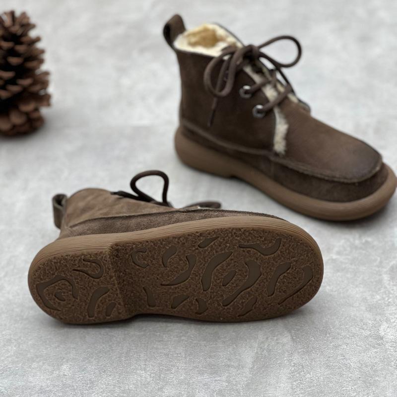 Johnature Cizme scurte din piele naturală de epocă Cizme de bumbac de damă din piele de vacă îngroșată, cu șireturi, cu vârf rotund