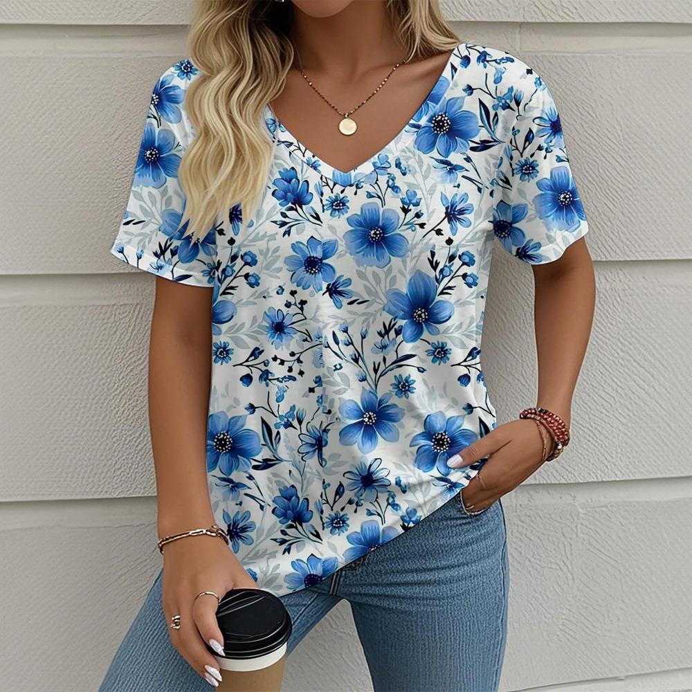 Women's Summer T-shirt Plant Flower Print Retro Fashion Casual Short-sleeved Street V-neck Women's Clothing
