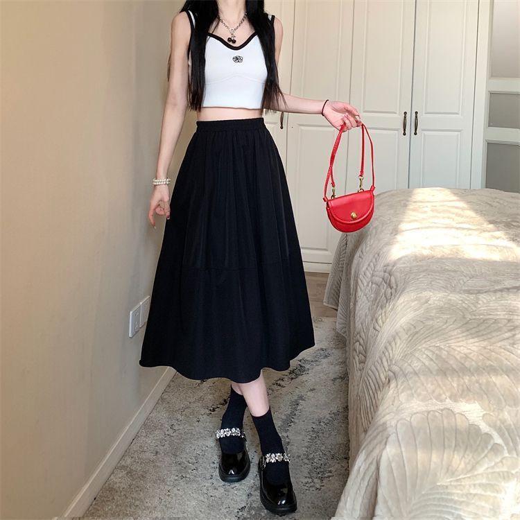 

Белая женская летняя юбка миди А-силуэта 2025 года - С высокой талией, стройнящая, с драпировкой, дизайн с большим клешем 4XL чёрный