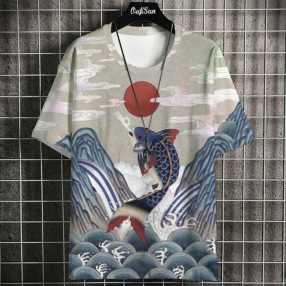 Ukiyo-E T-Shirt für Herren Japanische T-Shirts 3D Tier Fisch Druck Kurzarm Tees Tops Lässiges Sweatshirt Herrenbekleidung S-4XL