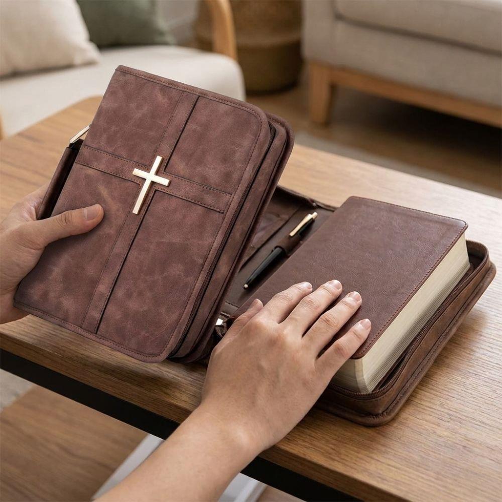 Cross-themed Vegan Leather Bible Cover with Phone Pocket Dust-proof Bible Carrying Case Scratch Resistant Religious Style