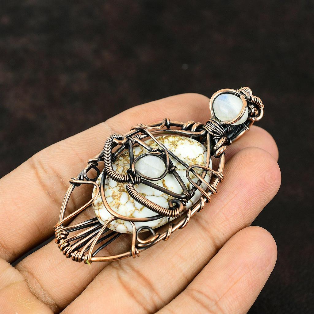 Evil Eye Wild Horse Magnesite Copper Pendant Gemstone Copper Wrapped Jewelry Handmade Designer Pendant Rainbow Moonstone Evil Eye Pendant