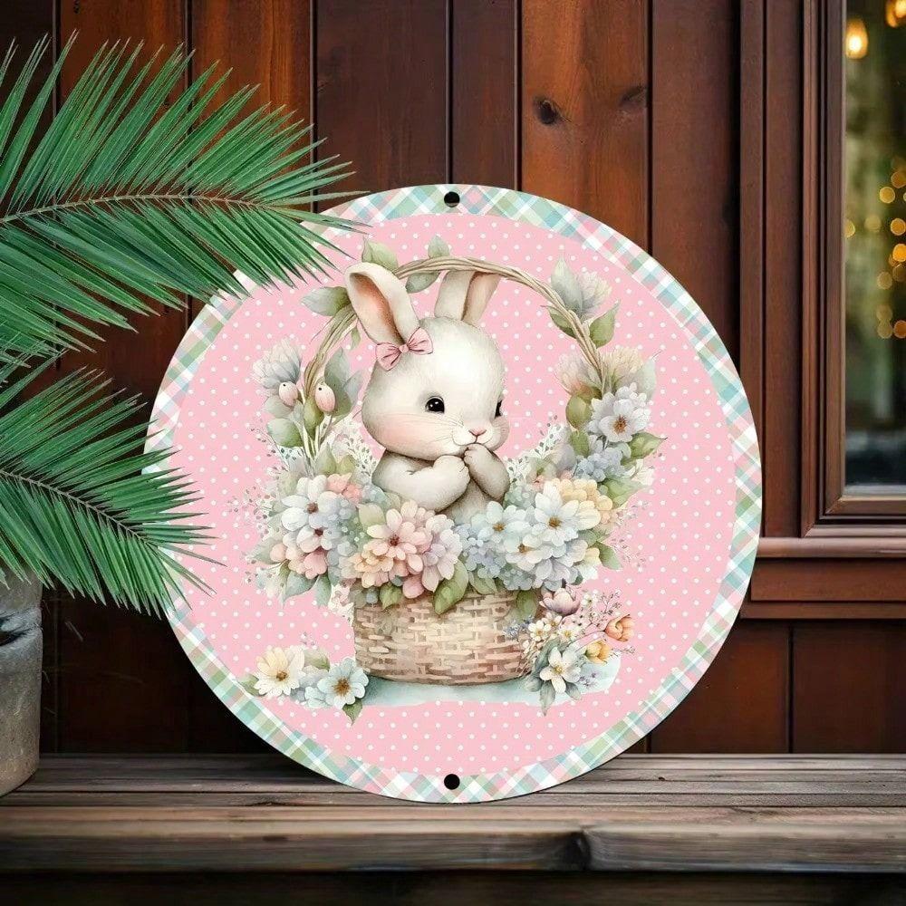 Vintage Metal Wall Art Bunny with Wreath Rustic Home Decor