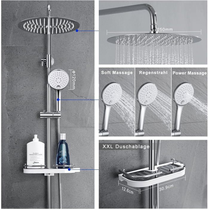 Colonne de douche réglable - JOHO - Système de douche anti-calcaire - Flexible lisse 1,5 m - Économie d'eau