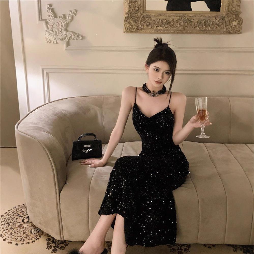 Sequin summer suspender skirt new high temperament spice girl slim mid-length dress dress sexy dress small man