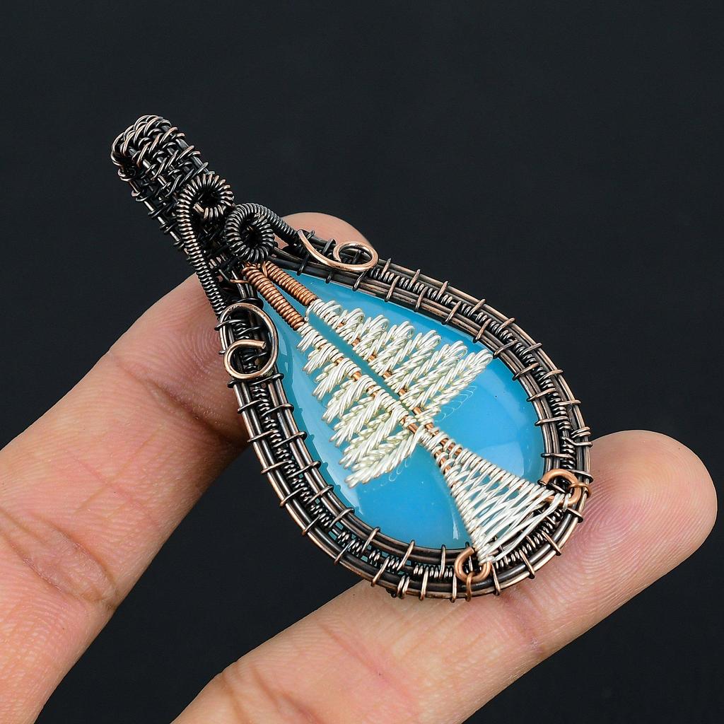 Tree Of Life Blue Chalcedony 999 Copper Wire Wrapped Pendant, Handmade Gemstone Pendant Jewelry, Gifts For Wife Brand New Pendant