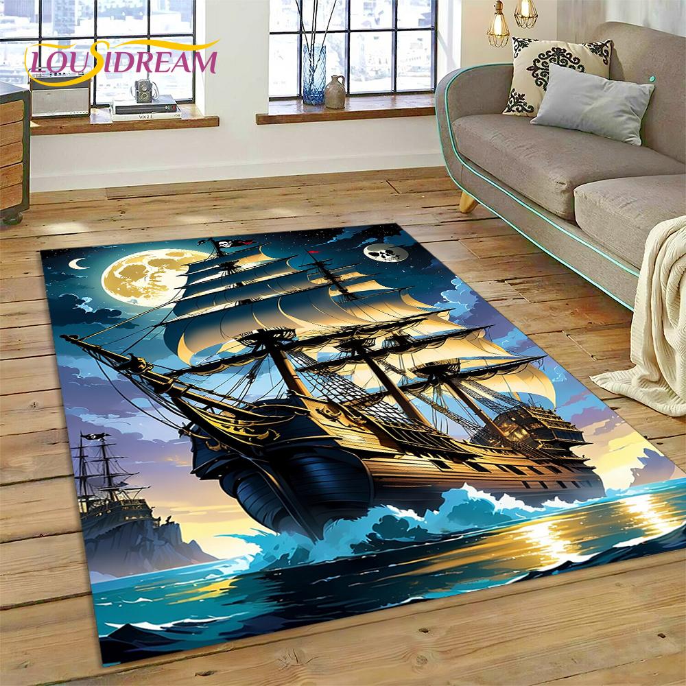 Antikes Piratenschiff Boot, Barke, Segelboot Teppich für Wohnzimmer Schlafzimmer Dekoration, Bodenteppich Rutschfeste Dekoration für Sofa Fußmatte