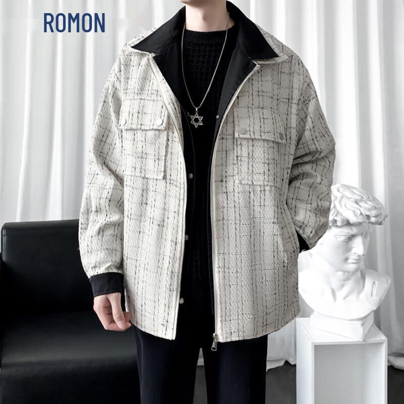 

ROMON Men s Hooded Faux Two-Piece Grid Jacket 3XL