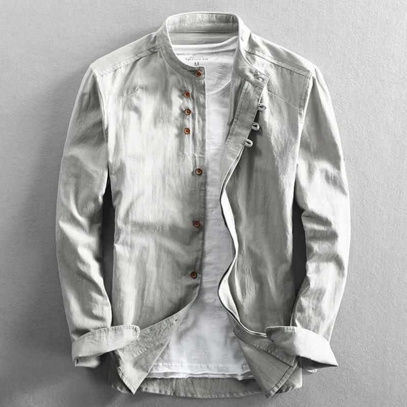 

Mens Linen Cotton Shirt Harajuku Stand Collar Long Sleeve Slim Fit Solid Color Male Casual Breathable Classical Tops 7XL світло-сірого кольору