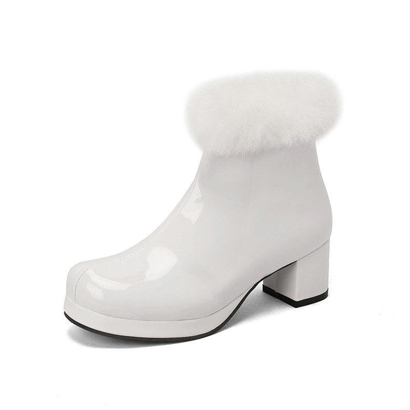 Women's Short Boots Autumn and Winter Patent Leather Thick Heels High Heels Rabbit Fur Side Zipper Warm Cotton Shoes