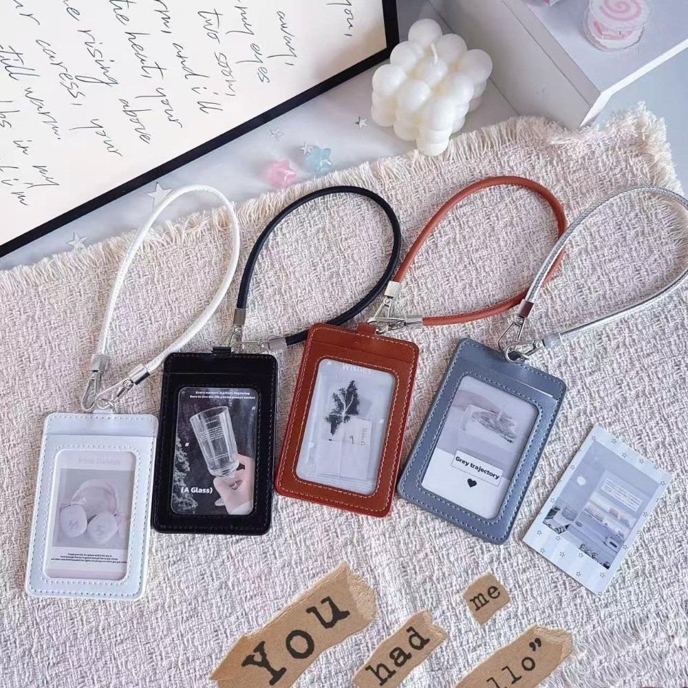Portable PU Leather Card Holder Dual-Slot With Hand Wrist Strap Card Case Photocard Holder Access Control Card
