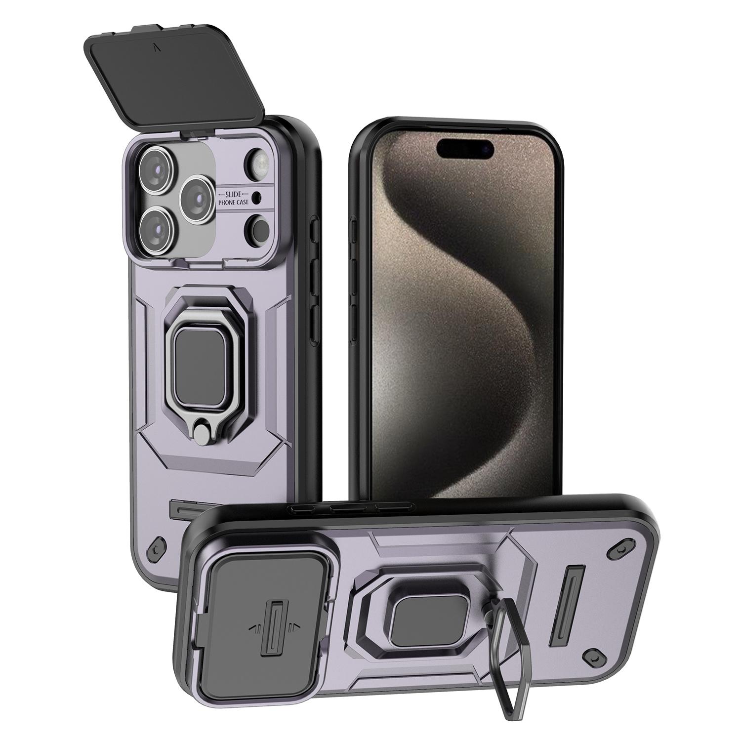 

For iPhone 17 Pro Case PC+TPU Kickstand Phone Protector with Lens Cover Purple