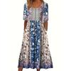 Cool Summer Dress for Women Bohemian Print Retro Round Neck Short Sleeve Long Skirt