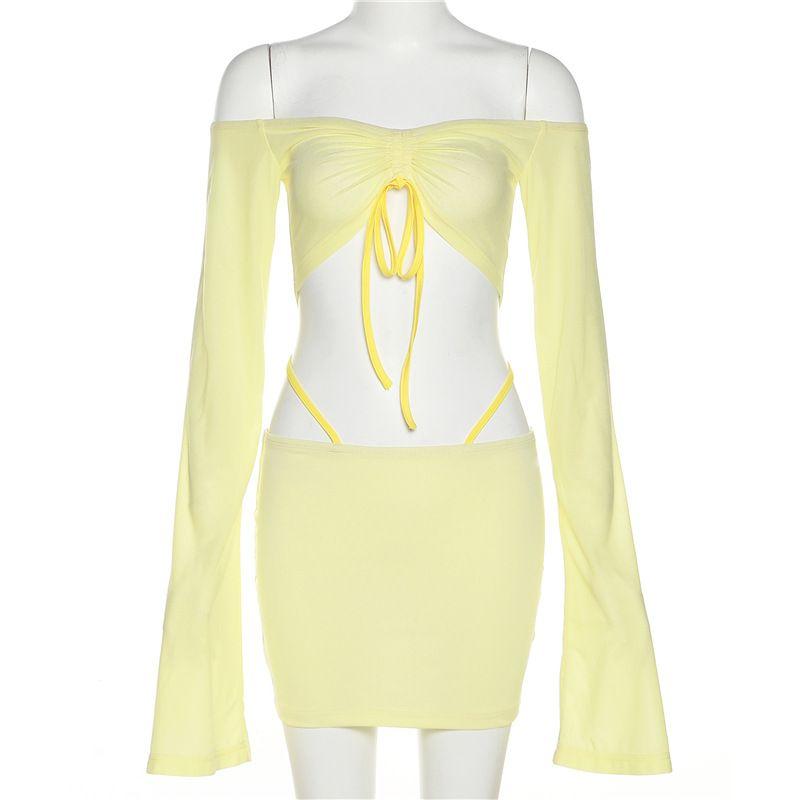 

Fashion Style Ins New Arrival Fashion Sexy Silm off-Neck Long Sleeves Sexy Crop Top Half Skirt Suit Skirt for Women Yellow S