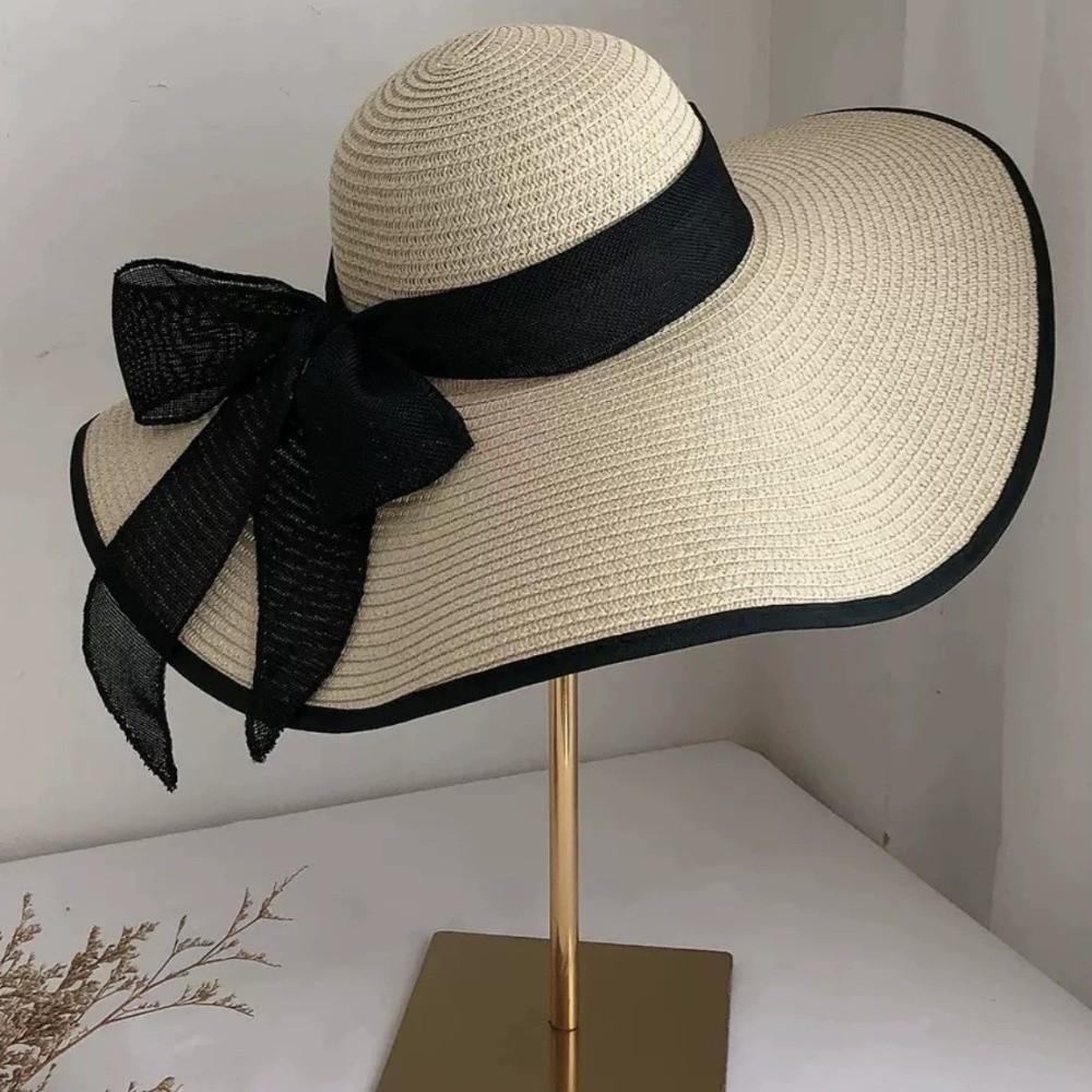 Oversize Straw Sun Hat Bowknot Ribbon Sun Protection Hat Fashion Weave Sun Cap  Seaside
