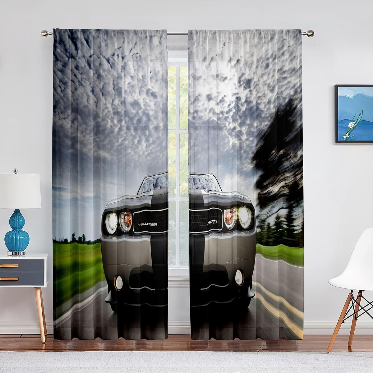 Тюлевые шторы со спортивным автомобилем и американским флагом для спальни — фото 11