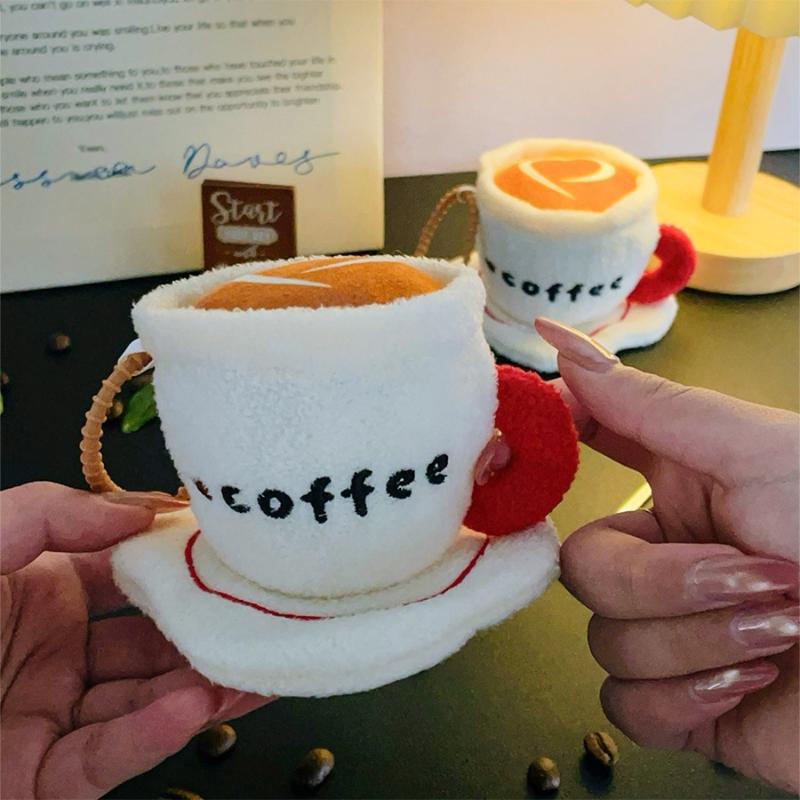 Cute Fun Simulation Coffee Cup Keychain Cartoon Stuffed Doll Toy Backpack Bag Pendant Decorative Car Key Chains Accessories Gift
