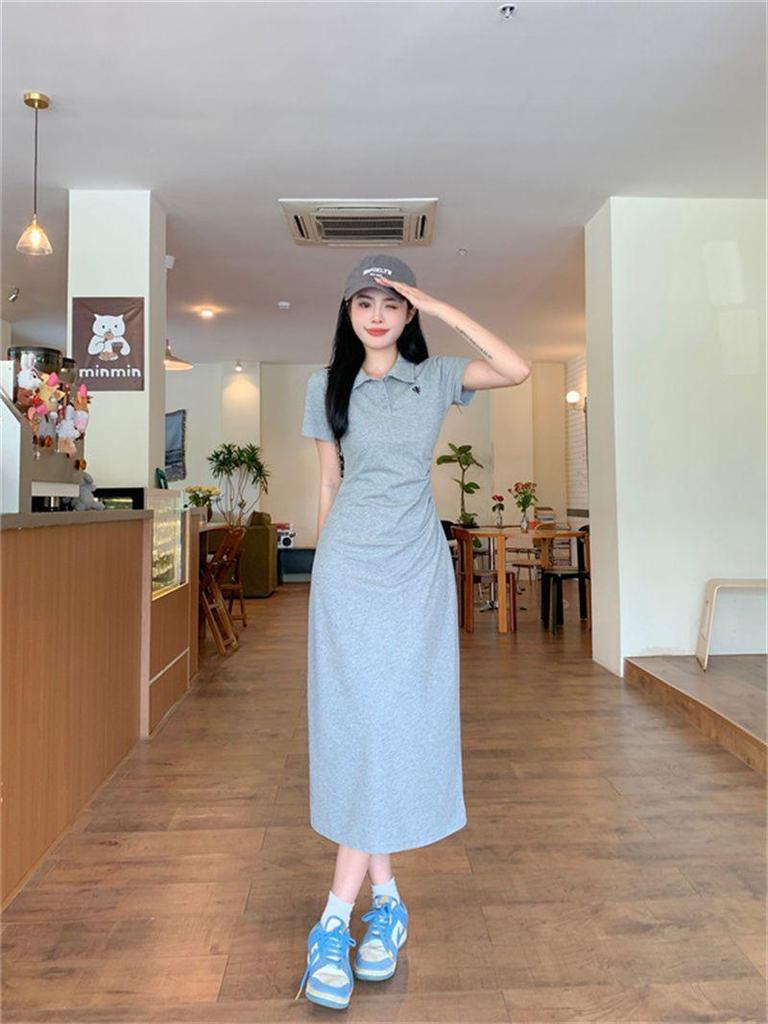 Women's Embroidered Polo Collar Short-Sleeved T-Shirt Dress - Waist-Cinching Slim Summer Long Skirt, Academy Style.
