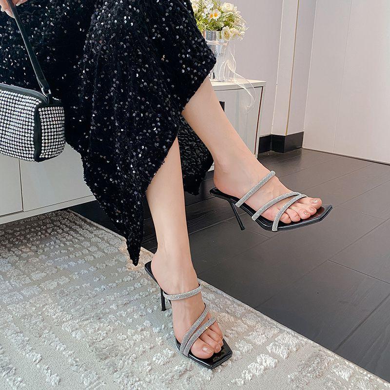 2025 Summer New Fairy Rhinestone High-heeled Sandals Female Thin Heel Square Head Internet Celebrity Word with Cool Slippers Female